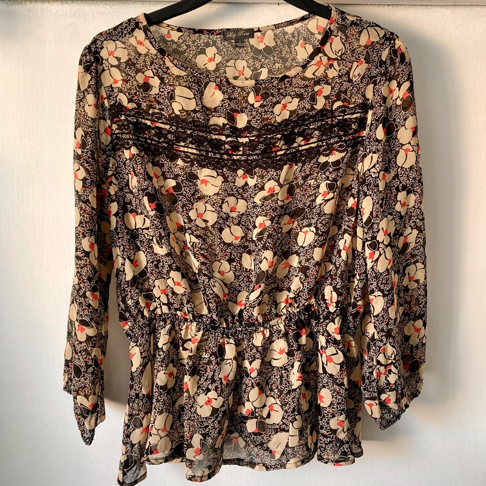 Lily Rose Black Floral Sheer Peplum Blouse Size: S